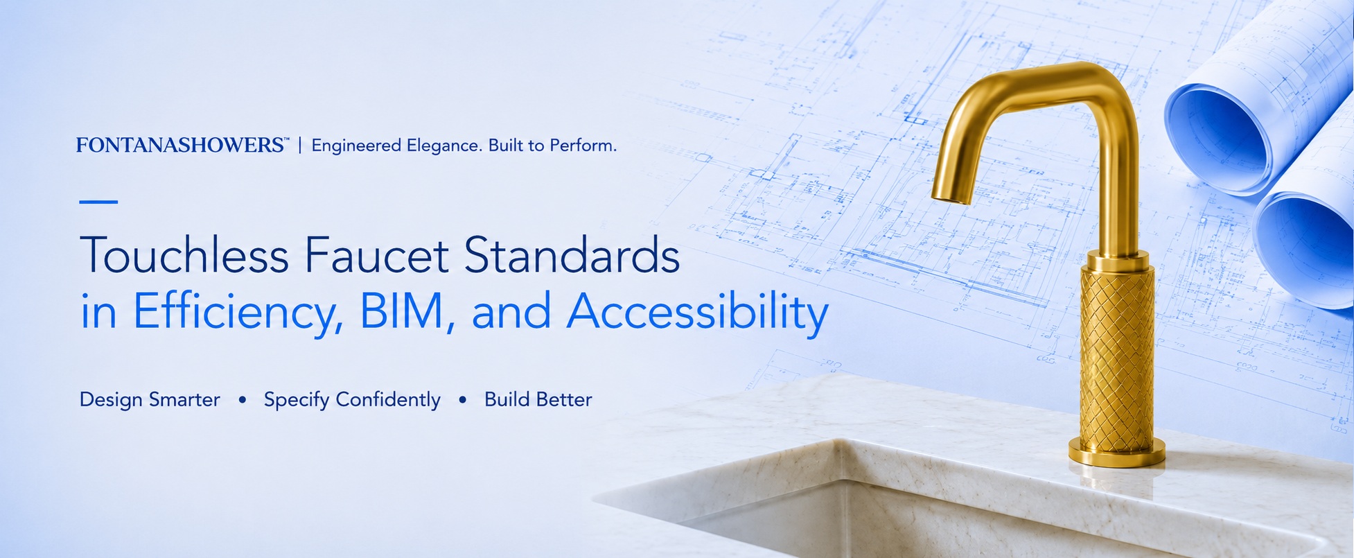 FontanaShowers gold touchless faucet illustrating efficiency, BIM coordination, and accessibility standards for commercial AEC bathroom specifications
